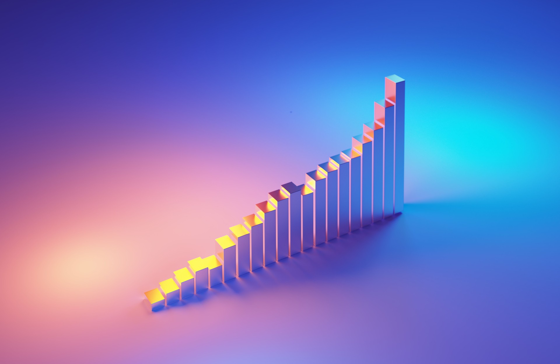 Metallic Bar Chart Illuminated By Blue And Magenta Lights On Blue And Magenta Background